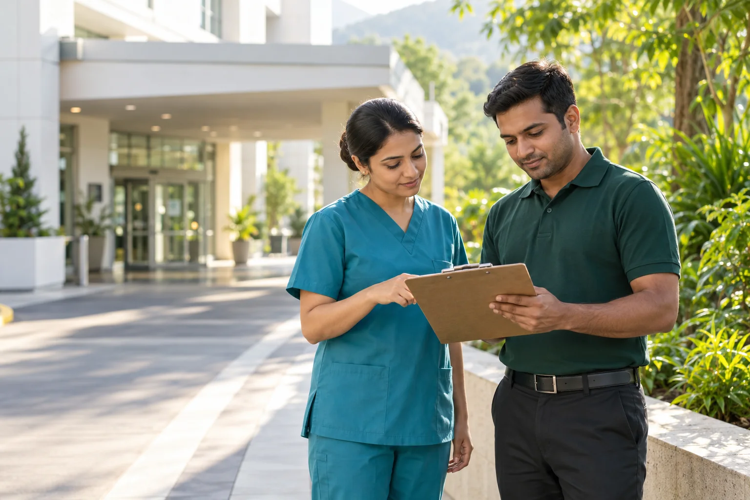 Healthcare professionals discussing waste service arrangements