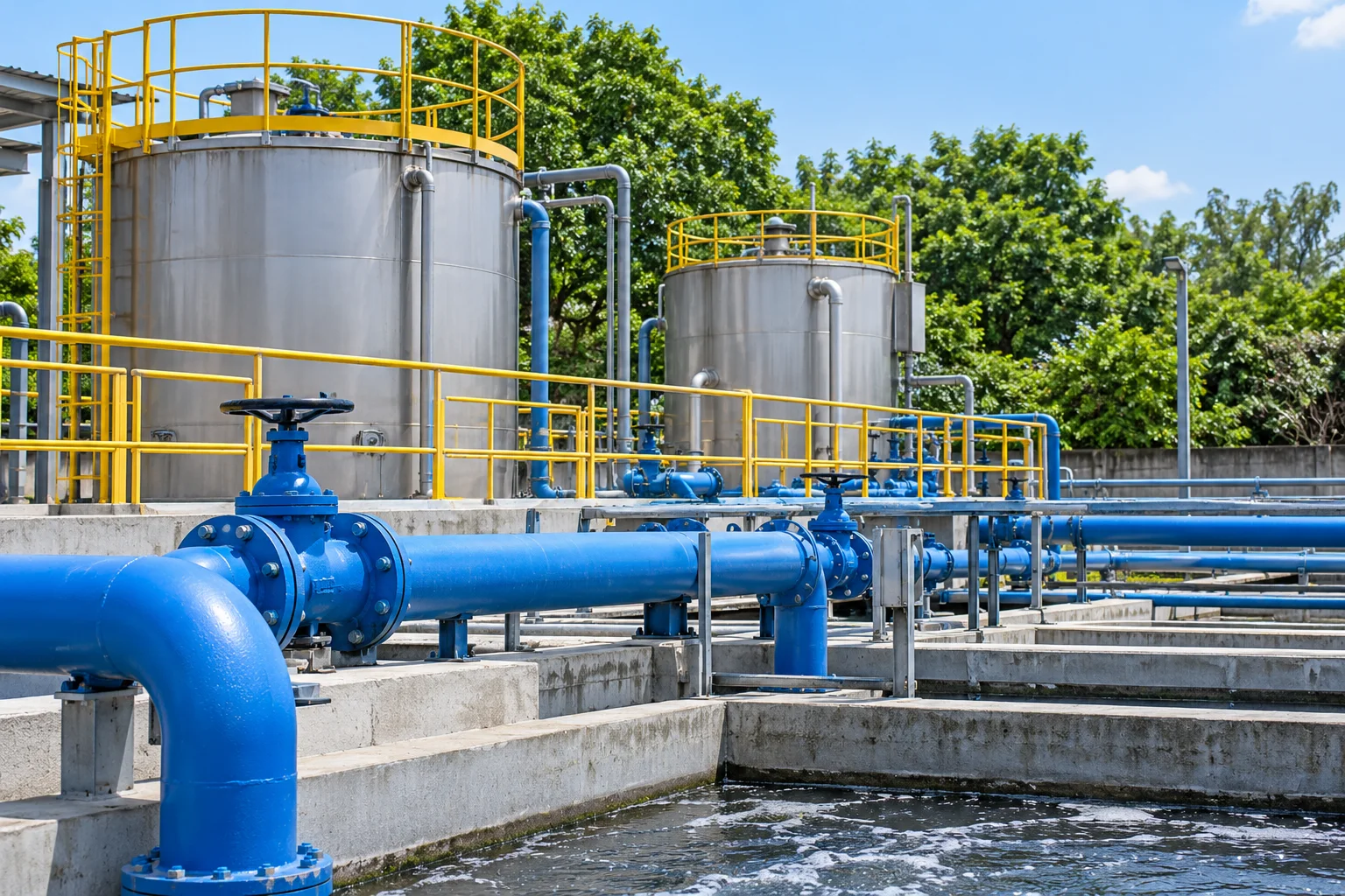 Blue pipework at an industrial water treatment system